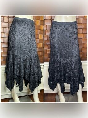 Vintage Goth Black Lace Heavily Beaded Asymmetrical Tiered Handkerchief Skirt Lg
